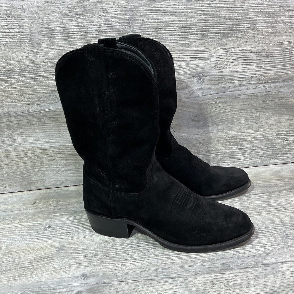 Tecovas Men's Black Suede Western Pull-On Boots Embroidered Round Toe Size 11 EE